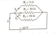 In the circuit diagram suppose the resistors R1, R2 and R3 have the values of 5 ohm, 10 ohm and 30 ohm respectively. Which have been connected to a battery of 12 V.  the total current in the circuit?