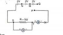 With the help of given diagram answer the following: what will be the current shown by the ammeter and the potential difference between point S and T  P is connected to M?