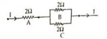 Three 2 ohm resistance A, B and C are connected as shown in figure. Each of them disipates energy and can withstand a maximum powr of 18W without melting. Find the maximum current that can flow through the three resistors.