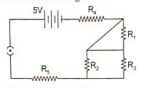 Consider the following circuit:  R1=R2=R3=R4=R5=2ohm Which two resistors are connected in series?