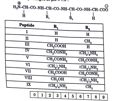 The substituents R1 and R2 for nine peptides are listed in the table given below. How many of these peptides are positively charged at pH = 7.0?