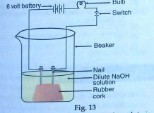 In an attempt to demonstarate electrical conductivity through an electrolyte, the following apparatus was set up Which among the following statement is correct?  Bulb will not glow because electrolyte is not acidic Bulb will glow because NaOH is a strong base and furnishes ions for conduction. Bulb will not glow because circuit is incomplete. Bulb will not glow because it depends upon the type of electrolytic solution