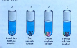 Zinc granules are placed in each of the four solutions A,B,C and D as shown. Colour change would be observed in
