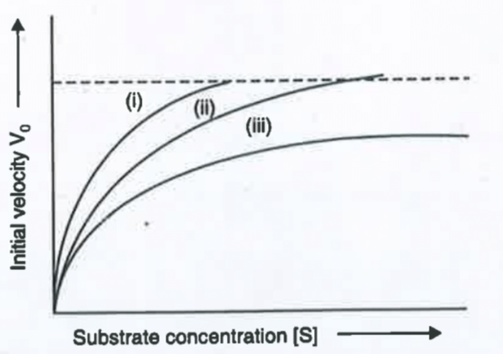 The figure given below shows three velocity - substrate concentration curves for an enzyme reaction . What do the curves a , b and c depict respectively .