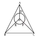 DeltaABC एक समबाहु त्रिभुज है तथा OB, OD और OC कोण समद्विभाजक है। D, E तथा F क्रमशः AO, BO तथा CO के मध्यबिंदु है। चित्रानुसार O केन्द्र का एक वृत्त दिया है जिसका क्षेत्रफल 3picm^(2) है। AB की लम्बाई कीजिए।