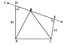 समबाहु त्रिभुज ABC में भुजा L शीर्ष B से होकर गुजरती है। भुजा AD तथा CE लम्ब है L पर। यदि AD = 13 तथा CE = 11 है तो भुजा AC की लम्बाई होगी?