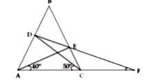 एक समद्विबाहु त्रिभुज ABC में AB = BC, B = 20^(@). बिन्दु D और E, AB और BC रेखा पर है। angleCAE=40^(@) और ACD=50^(@). DE और AC, F पर मिलते है। angleAFD ज्ञात करे।