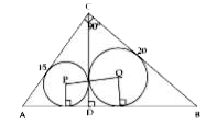 दिए गए चित्र में ACB एक समकोण त्रिभुज है। CD ऊँचाई है। P और Q केन्द्र वाले वृत्त त्रिकोण ACD और BCD के अंदर बनाये गए है। PQ की लम्बाई ज्ञात करे।