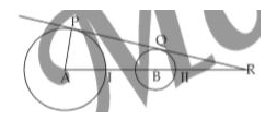 निर्देश : चित्र में A, B क्रमशः वृत्त I, II के केन्द्र है। ABR केन्द्रो को मिलाने वाली एक सीधी रेखा है। PQR उभयनिष्ठ स्पर्श रेखा है। AB = 25, PQ = 24, PA = 12      AB : BR क्या होगा।