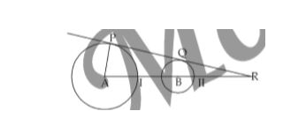 निर्देश : चित्र में A, B क्रमशः वृत्त I, II के केन्द्र है। ABR केन्द्रो को मिलाने वाली एक सीधी रेखा है। PQR उभयनिष्ठ स्पर्श रेखा है। AB = 25, PQ = 24, PA = 12      DeltaAPR तथा DeltaBQR के क्षेत्रफल का अनुपात है।