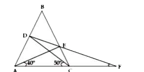 The given figure shows an isosceles triangle ABC with AB = BC and angle B = 20^(@). Points D&E are on AB & BC respectively so that the measure of angle CAE is 40^(@) degrees and the measure of angle ACD is 50^(@) degrees. DE and AC meet at F. Find the measure of angle AFD.
