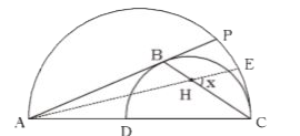 In the given diagram AB is tangent. AC and CD are diameter of bigger and smaller semicircle. AE is angle bisector of angleA, which intersect BC at H. find the value of anglex in degree.