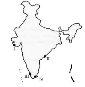 Match the fishing ports indicated on the map of India (I, II, III and IV) with their respective names.   A. Kakinada , B. Alappuzha , C. Porbandar , D. Tuticorin