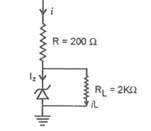 संल्गन चित्र के परिपथ में बहने वाली तथा जेनर डायोड के सिरों के बीच विभवांतर ज्ञात करो, यदि लोड प्रतिरोध R(L) = 2k Omega के सिरों के बीच विभवांतर 15 V रहता है| जेनर डायोड की कार्यशील न्यूनतम धारा 10 mA है|