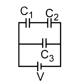 In the given circuit C1 = C, C2 = 2C, C3 = 3C. If charge at the capacitor C2 is Q. Then the charge at the capacitor C3 will be