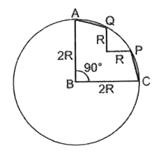 A racing path is divided into following parts as shown in the fig ABC is a circular arc of radius 2R.CP and QA are two straight paths each of length R and third part PO is a circular are of radius R = 100 m. A racing car is to go on this track with a maximum uniform speed of 50 ms. The coefficient of friction between the tyres of the car and the circular track is i = 0.1. What is the minimum time in which the car would complete one round of the track?
