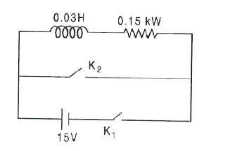 An inductor and a resistor are connected in series to a battery of 15V EMF in a circuit shown below. The key K1 has been kept closed for a long time Then at t=0 K1 is opened and key K2 is closed simultaneously At t=1 ms, the current in the in the circuit will be: