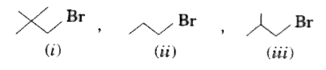 Alkylhalides have polar C-X bond and undergo nucleophilic substitution reactions. These give a variety of products with nucleophiles such as -OH, -OR, -NH(2), -CN, -NC, -NO(2), -ONO, RCOO^(-), etc. They undergo mainly two types of nucleophilic substitution reactions, S(N)1 and S(N)2. S(N)1 reactions are two steps reactions which proceed through the formation of carbocations while S(N)2 reactions are one step reaction which proceeds through the formation of transition state. The stability of carbocation and transition state determine the reactivity of alkyl halides.   Arrange the following in the increasing order of reactivity towards S(N)2 reaction: