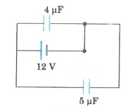 Two capacitors of capacitances 4muF and 5muF are connected across a battery of 12 volts as shown in the adjoining figure (i). Calculate the total charge drawn from the battery.