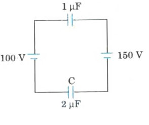 Two parallel plate capacitors of capacitances 1 pF and 2 pF are connected to the batteries of 100 V and 150 V as shown in the figure (r ). Calculate the potential difference across each capacitor.