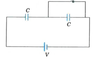 Consider the following circuit in which tow identical capacitors are shown. The switch is initially closed and it is kept closed for a long time and then it is opened.      How much charge will flow through the battery after the switch is opened?