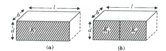 Two identical capacitors of plate dimensions: l xx b and plate separation d have dielectric slabs filled in between the space of the plates as shown in the figures. if capacitance of both capacitor is same, Obtain the relation between the dielectric  constant K, K(1) and K(2).
