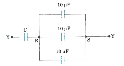 Three identical 10 muF capacitors and a capacitor of capacitance C are connected as shown in the figure. Find the capacitance C if the equivalent capacitance between X and Y is 20muF.