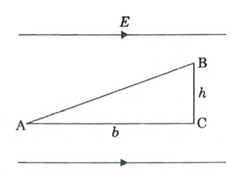 A uniform electric field E exists in a region of space. Refer to the given figure for the location of three points A, B and C.      Find: (a) V(B)-V(A)