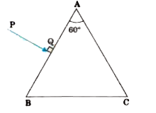 A ray PQ is incident normally on the face AB of a triangular prism of refracting angle of 60^(@), made of a transparent material of refractive index 2/sqrt(3), as shown in the figure. Trace the path of the ray as it passes through the prism. Also calculate the angle of emergence and angle of deviation.