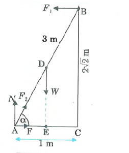 A 3 m long ladder weighing 20 kg leans on a frictionless wall. Its feet rest on the floor 1 m from the wall as shown in the following figure, Find the reaction forces of the wall and the floor.