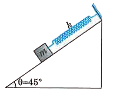 A spring of unstretched length 40 cm and spring constant k is attached to a block of mass 1 kg to one of its end. The other end of the spring is fixed on the top of a frictionless inclined plane of inclination theta = 45^(@) as shown in the figure, so that the spring extends by 3 cm. When the mass is displaced slightly and released the time period of the resulting oscillation is T. Determine the value of 5T close to nearest integer.