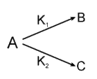 The substance undergoes first order decomposition. The decomposition follows two parallel first order reactions as :      K(1)=1.26xx10^(-4) sec^(-1) and K(2) =3.8xx10^(-5) sec^(-1) The percentage distribution of B and C