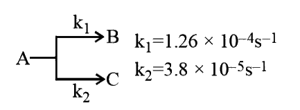 A substance undergoes first order decomposition. The decomposition follows two parallel first order reactions as       The % distribution of B and C is ................ and .................. respectively.