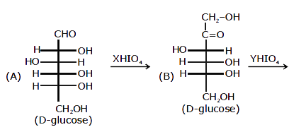 x & y are moles of HIO4 consumed is above reaction.    (i) Value of x inabove reaction is    (A) 2         (B) 3 (C) 4       (D) 5    (ii) Sum of x + y is -    (A) 8         (B) 9 (C) 10       (D) 11    (iii) Mole of HCHO formed in (A) is -    (A) 1                 (B) 2 (C) 3       (D) 4