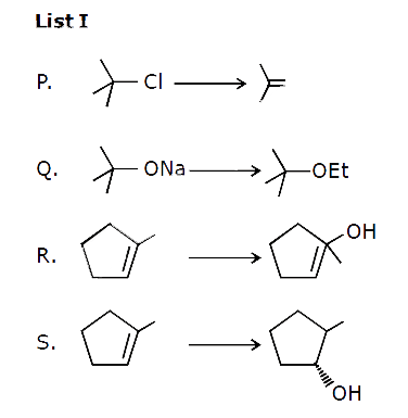 Match the chemical conversions in List with the appropriate reagent in List II and select the correct answer using the code given below the lists:    List I      List II   1. (i) Hg(OAc)2, (ii) NaBH2   2. (i) alcKOH   3. Et-Br    4. (i) BH3, (ii) H2O2//NaOH