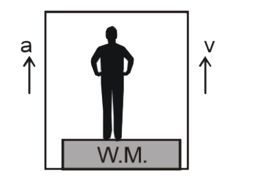 A man of mass 60kg  is standing on a weighing machine placed in a lift moving with velocity 'v' and acceleration 'a' as shown in figure. Calculate the reading of weighing machine in following situation :  ( g = 10 m//s^(2) )        a=0, v = 0