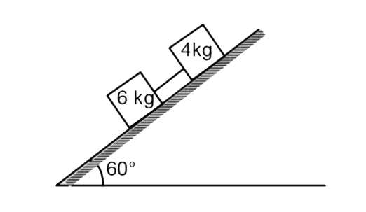 Two masses 6 kg and 4 kg are connected by a flexible inextensible string rest on an inclined plane inclined at 60^(@) with the horizontal as shown in figure. The coefficient of friction between the plane and the 6kg mass is 0.1 and the between the plane and the 4 kg massis 0.6 .      Find the tension in the connecting string.