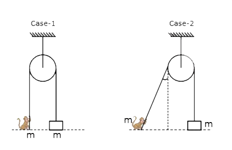 In both the cases block & monkey are at the same horizontal level. In both the cases monkey climbs the rope.In case-1 rope remains  vertical & in case-2 rope swing during motion. t(1) & t(2) are times taken by monkeys to reach the pulley in case - 1 & case -2 respectively. In both cases, monkey applies the same force on the rope.