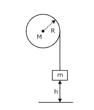 A solid uniform cylinder of mass M and radius R is pivoted at its centre free to rotate about horizontal axis. A massless inextensible string is wrapped around it, and attached to a block of mass m which is initially at a height h above the floor. The acceleration due to gravity is g, directed downward. The block is released from rest. By what total angle does it rotate  Delta theta   (in radians)