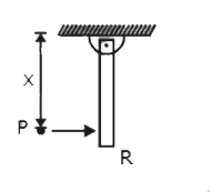 A particle P strikes the rod R perpendicularly as shown. The rod is suspended vertically with upper end hinged. ( x = 1, P  sticks to R ) Then select correct statement :