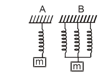 The springs in fig. A and B are identical but length in A is three times each of that in B. The ratio of period T(A) //T(B) is