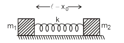 Two blocks of mass m(1) and m(2) are connected with a spring of natural length l and spring constant k. The system is lying on a smooth horizontal surface. Initially spring is compressed by x(0) as shown in figure. Show that the two blocks will perform SHM about their equilibrium position. Also (a) find the time period, (b) find amplitude of each block and (c) length of spring as a function of time.