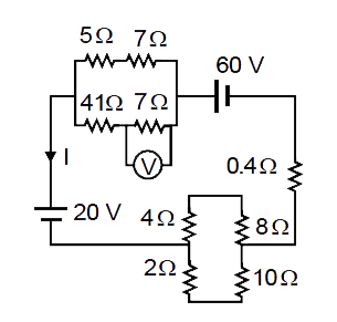 Find the current I & voltage V in the circuit shown.