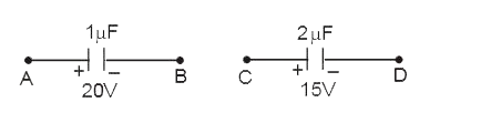 Two capacitors of capacitance 1 muF and 2muF are charged to potential difference 20 V and 15 V as shown in figure. If now terminal B and C are connected together terminal A with positive of battery and D with negative terminal of battery then find out final charges on both the capacitor.