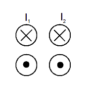 A system of long four parallel conductors whose sections with the plane of the drawing lie at the verties of a square there flow four equal currents.      The directions of these currents are as follows : those marked ox point away from the reader, while those marked with a dot point towards the reader. How is the vector of magnetic induction directed at the centre of the square?