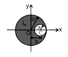 A very long straight conductor has a circular cross- section of radius R and carries a current density J. Inside the conductor there is a cylindrical hole of radius a whose axis is parallel to the axis of the conductor and a distance b from it. Let the z-axis be the axis of the conductor, and let the axis of the hole be at x = b. Find the magnetic field        on the x=axis at x = 2R