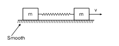 Two masses are connected by a spring as shown in the figure. One of the masses was given velocity v = 2 k, as shown in figure where 'k' is the spring constant. Then maximum extension in the spring will be