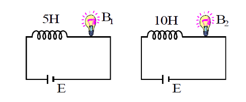 Two bulb of same rating B(1) and B(2) are connected in series with the inductors as shown in figure which bulb take more time to light at max. brightness.
