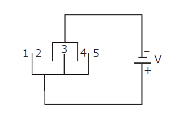 Five identical plates each of area A are joined as shown in the figure. The distance between the plates is d. The plates are connected to a p.d. of V volts . The  charges on plates 1 and 4 will be