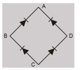 For the given circuit shown in fig, to act as full wave rectifier :– a.c. input should be connected across ................. and ..................... the d.c. output would appear across ................ and .....................